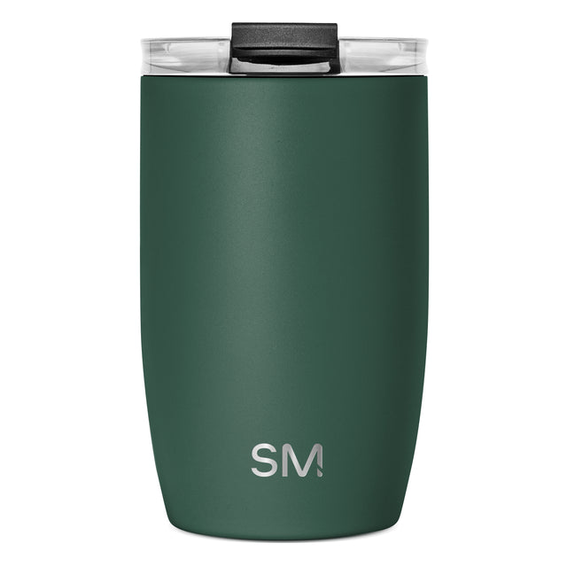 Stainless steel insulated tumbler with forest green powder-coated exterior and brushed finish, cylindrical shape with slight taper