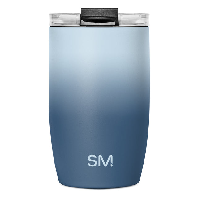 Blue gradient stainless steel tumbler with black lid featuring sliding closure and side handles. Simple Modern logo visible. Double-wall insulated design shown against white background.
