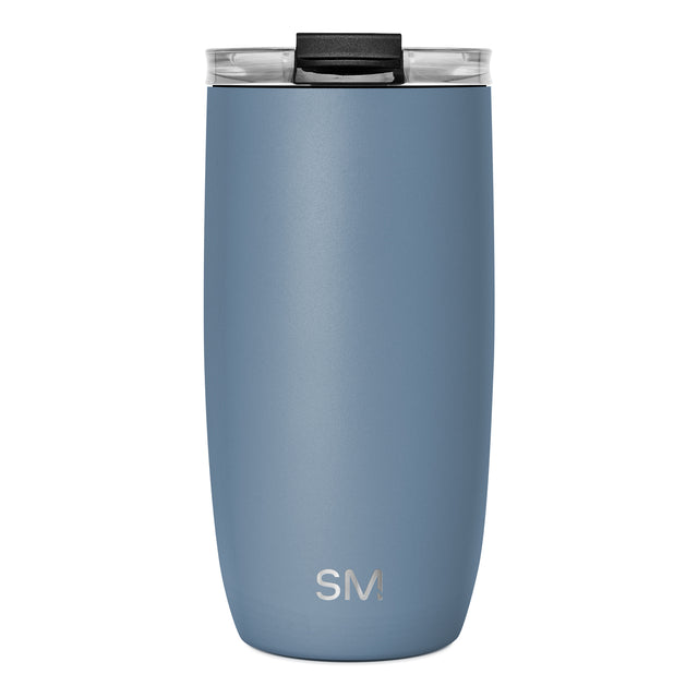 Stainless steel insulated tumbler in muted blue-gray with powder-coated finish and subtle gradient shading