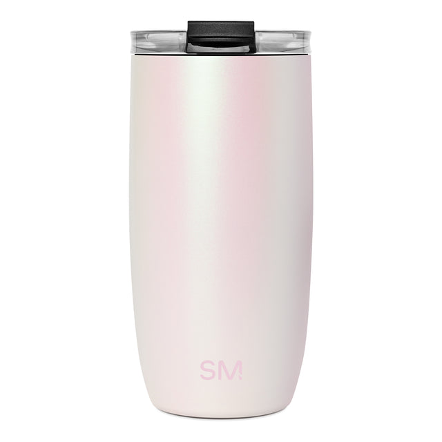 Blush pink and cream insulated tumbler with black lid and carrying handle, featuring two clear drink openings and SM logo branding on white background.