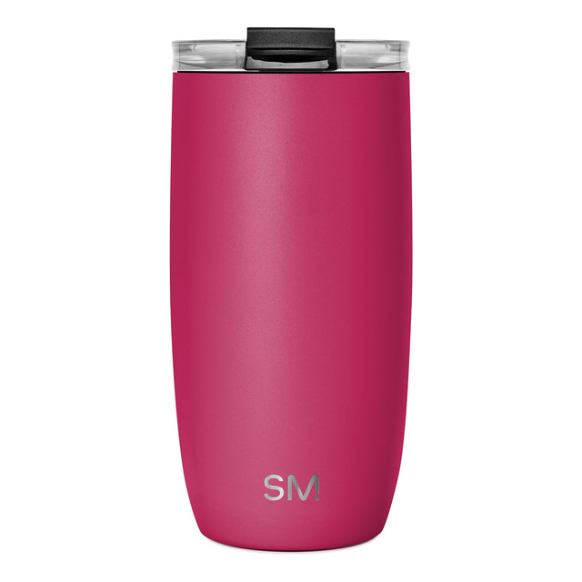 Simple Modern insulated tumbler in hot pink with black lid, featuring gray SM logo, displayed against white background.