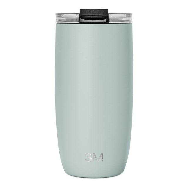 Sage green insulated tumbler with black lid and rim, featuring clear plastic windows showing interior, isolated on white background.