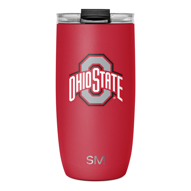 Red stainless steel tumbler with white and gray accents, black lid with clear plastic inserts, on neutral background