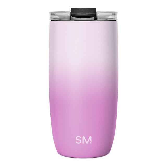 Simple Modern insulated tumbler with lavender-to-magenta gradient, black lid, clear rim, and white SM logo on white background.