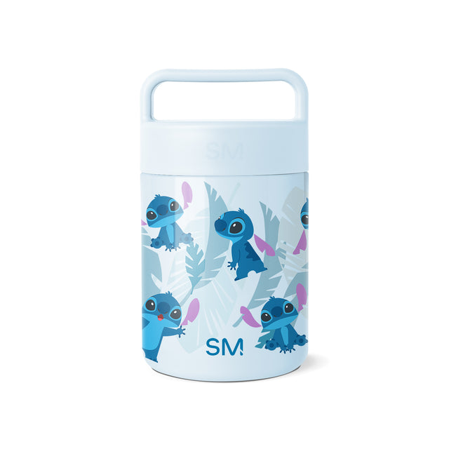 Pale blue insulated food jar with sliding lid and handle, featuring repeating animated blue alien characters with purple-pink ears surrounded by tropical foliage, Simple Modern logo visible, white background.