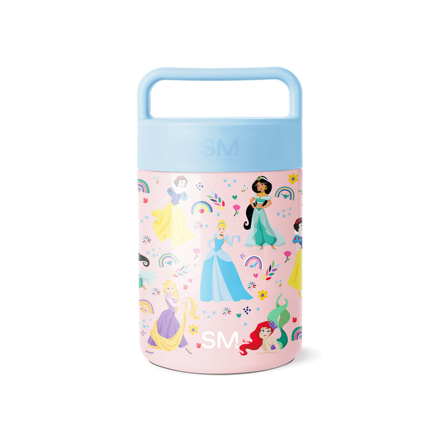 Simple Modern food jar with light blue lid and handle, pink body featuring Disney Princess characters including Snow White, Cinderella, Jasmine, Ariel, and Rapunzel with rainbows, flowers, stars, and hearts design.
