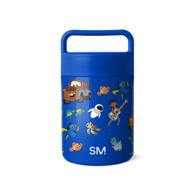 Royal blue insulated food jar by Simple Modern with carry handle, decorated with colorful Disney Pixar characters including Mater, Nemo, Dory, Remy, Miguel, Merida, Woody, and Eve on white background.