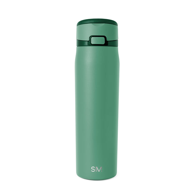 Soft sage green water bottle with forest green rim, lid, and handle accent band
