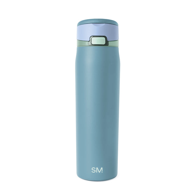 Soft teal glass bottle with dark teal rim and pale blue lid cap