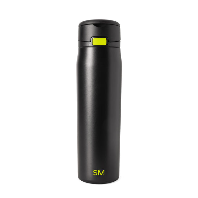 Black insulated tumbler with yellow-lime green locking button on lid and SM logo, photographed against white background.