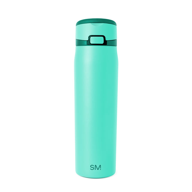 Mint green insulated water bottle with dark teal lid, band, and handle. Simple Modern logo on front. Studio product shot on white background.