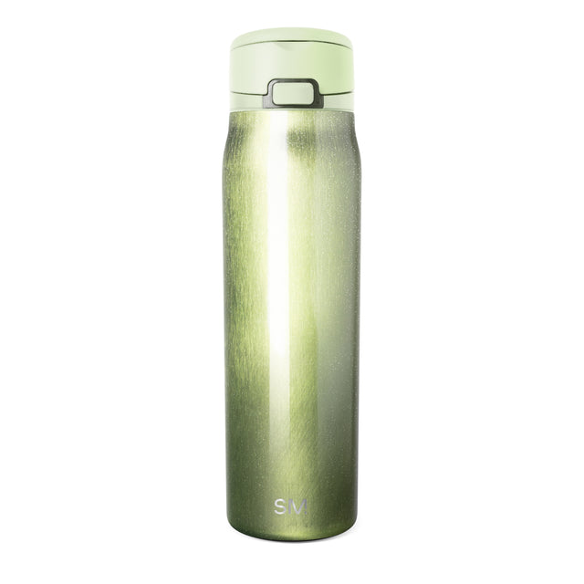Tall cylindrical insulated water bottle with pale green lid and brushed stainless steel body in gradient sage to olive green. Condensation beads visible. Simple Modern logo on front. White background.