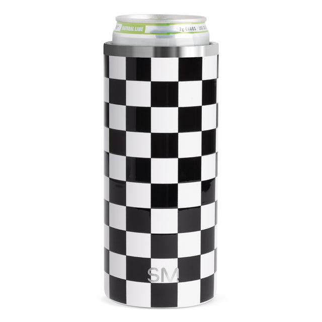 Simple Modern black and white checkerboard can insulator with metallic silver rim, holding a lime-flavored beverage can with nutrition label visible.