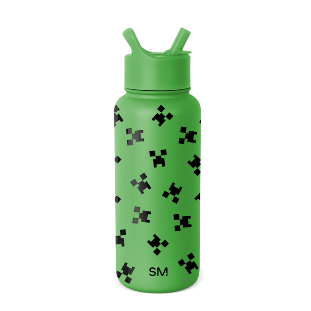 Bright lime green water bottle with black and dark gray pixelated patterns scattered across the surface