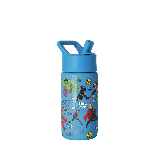 Bright blue Simple Modern 14-ounce kids water bottle with flip-top straw cap and carry handle, featuring Marvel Avengers characters and 