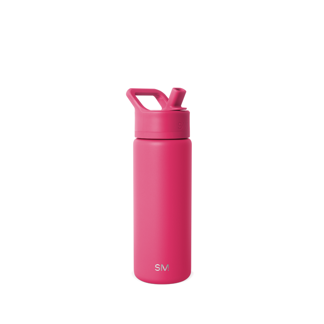 Vibrant hot pink water bottle on white background