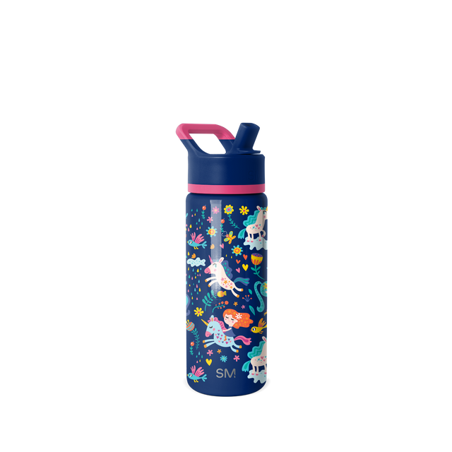 Navy blue water bottle with hot pink and coral accents on the lid and band, and bright yellow and golden details