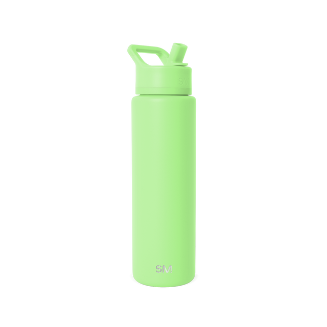 Bright neon green water bottle on white background