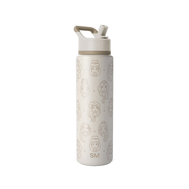 Cream-colored water bottle with taupe and beige design details, white cap and handle with greige accents