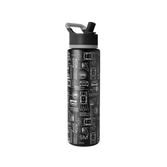 Matte black water bottle with flip-top cap and gray carrying handle, featuring white Batman-themed line illustrations and vehicle schematics on cylindrical body. Simple Modern logo visible.