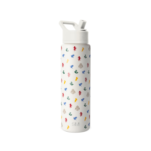 Simple Modern white insulated water bottle with multicolored fantasy pattern featuring mythical creatures, flip-top cap with handle, and SM logo branding.