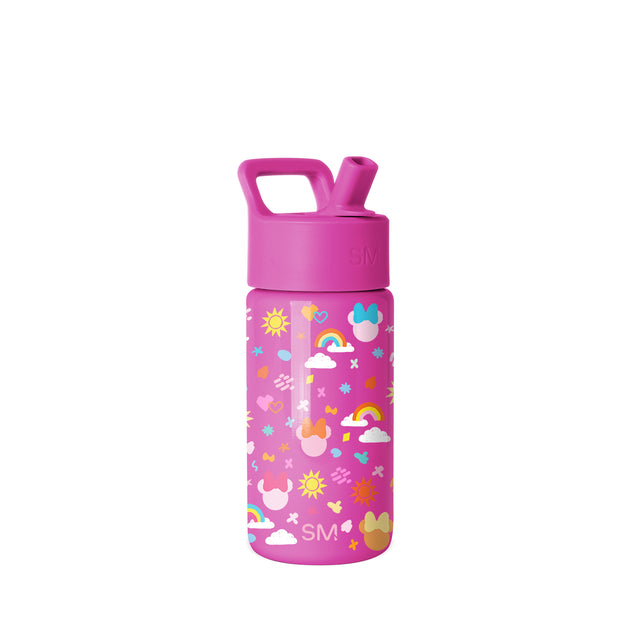 Simple Modern 14-ounce kids water bottle in hot pink with colorful illustrated design featuring clouds, rainbows, suns, hearts, stars, and bows. Includes screw-top lid and pop-up spout with carry loop handle.