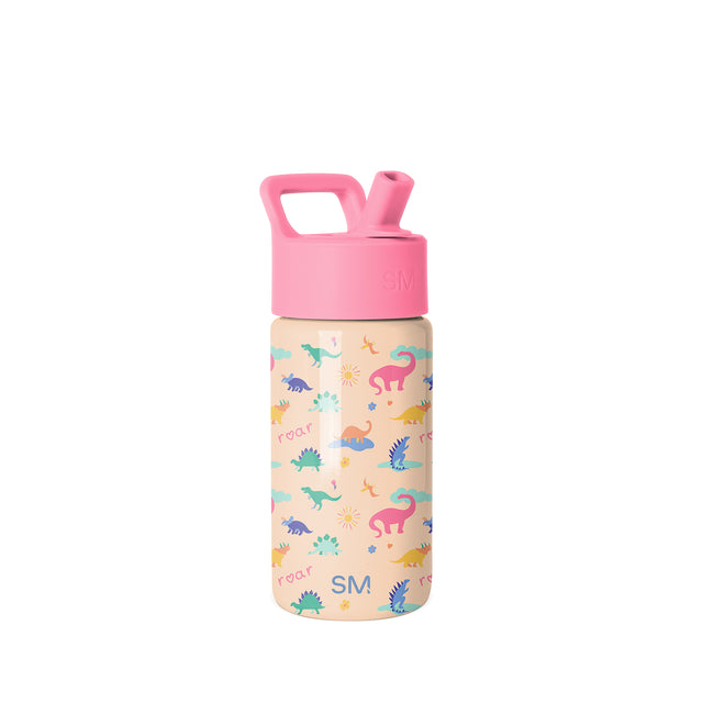 Simple Modern 14-ounce water bottle with cream body, bright pink cap and handle, featuring colorful dinosaur print with 