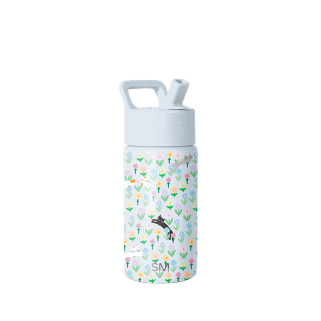 Simple Modern 14-ounce water bottle with white cap and handle, featuring illustrated gray cats and colorful pastel flowers on an off-white body against a white background.