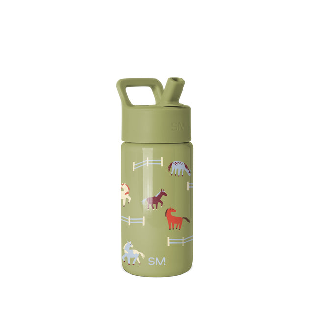 Sage green Simple Modern water bottle with farm-themed illustrations including horses, fences, and birds. Features a carry handle, straw spout, and SM logo. Studio product photo on white background.