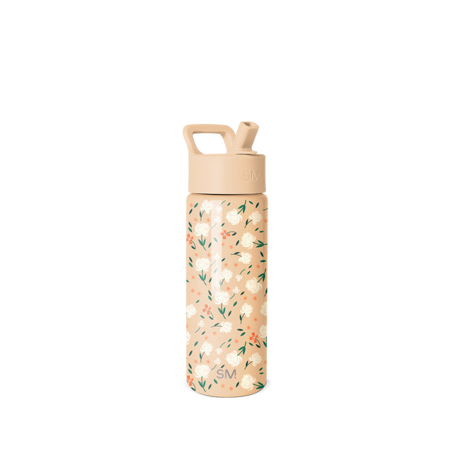 Simple Modern 18-ounce insulated water bottle with peachy-beige base color, floral botanical print pattern, beige push-spout lid, and square carrying handle on white studio background.