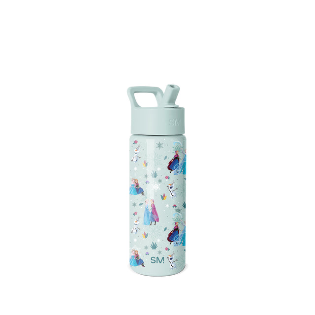 Mint green water bottle with frozen-themed pattern featuring Elsa, Anna, and Olaf among snowflakes and ice crystals. Includes carry handle and pop-up spout with toggle closure.