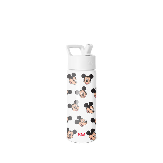 White Simple Modern water bottle with straw cap and handle, featuring repeating vintage Mickey Mouse character faces in black and peach tones. Product photo on neutral background.
