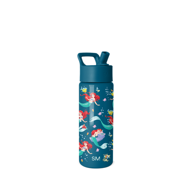 Simple Modern insulated water bottle with teal flip-top lid featuring underwater-themed illustrations of mermaids, fish, shells, and bubbles in coral, yellow, pink, and turquoise colors on white background.