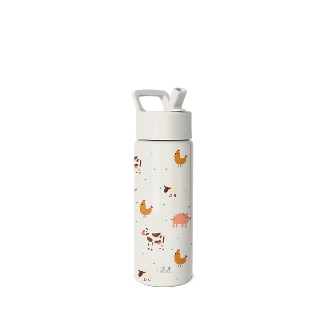 Cream water bottle with white lid and flip-top straw, decorated with farm animals including chickens, cows, pig, and birds in orange, brown, and coral tones with blue dots throughout. Simple Modern logo embossed on lid and