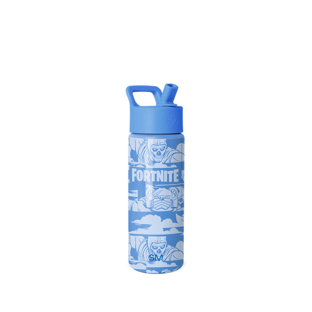 Royal blue Simple Modern insulated water bottle with matching cap and handle loop, displaying Fortnite game characters in white and light blue graphics, 