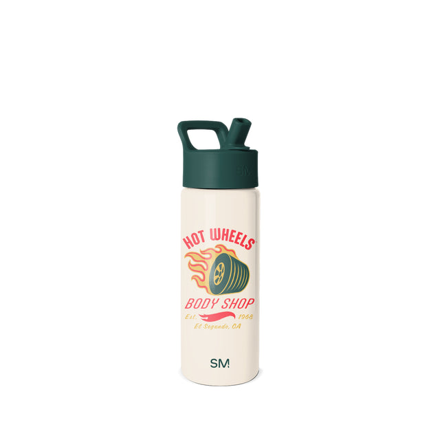 Cream-colored stainless steel water bottle with forest green cap, featuring Hot Wheels Body Shop graphic in coral red, orange flames, and yellow accents. Simple Modern brand logo at bottom.