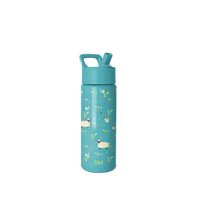 Teal Simple Modern water bottle with farm animal and botanical print design, featuring illustrated sheep, chickens, leaves, and berries. Includes teal cap with carry handle.