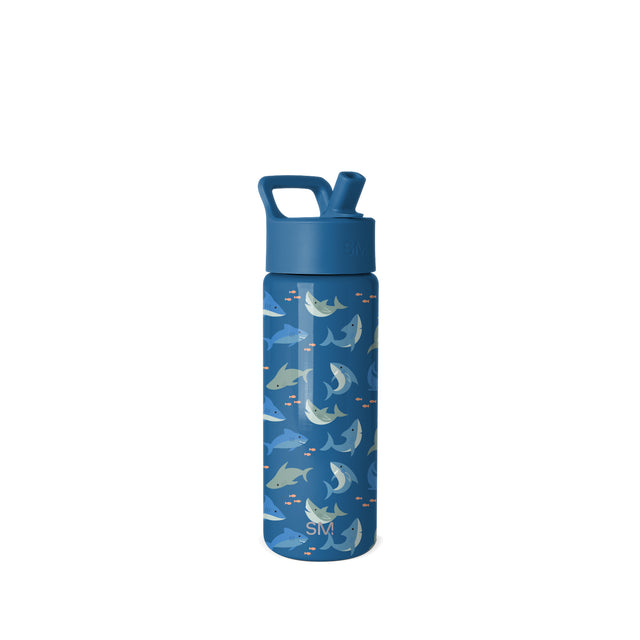 Simple Modern 18-ounce water bottle with deep blue body, bright blue cap and handle, and marine-themed print in cream, pale green, and burnt orange on white background.