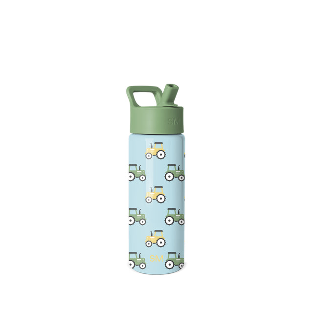 Simple Modern children's water bottle with pale blue cylindrical body, sage green flip-top lid and carry handle, featuring repeating yellow and green tractor illustrations with white-wall tires on the bottle body.