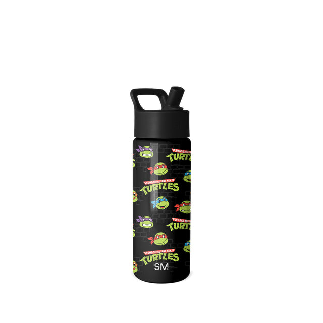 Black water bottle with flip-top straw lid featuring neon green 