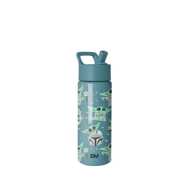 Simple Modern 18oz water bottle in teal with pop-up spout, carry handle, and Star Wars Grogu graphic design featuring sage green, white, and gray accents on white background.