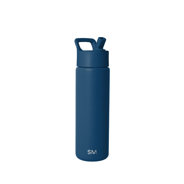 Deep navy blue insulated water bottle with flip-top cap and square handle, centered on white background. Simple Modern SM logo visible on front.