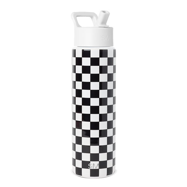 Simple Modern 30-ounce water bottle with white cap and carry handle, featuring black and white checkerboard pattern on cylindrical body. SM logo visible on lid and lower body. Studio product shot on white background.