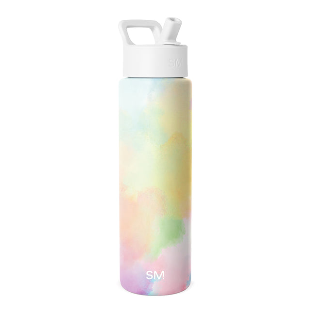 White screw-top water bottle with square carry handle featuring a soft watercolor gradient in pastels: light blue, cream, peach, sage green, lavender, and dusty pink. SM logo on front. 30 oz capacity.