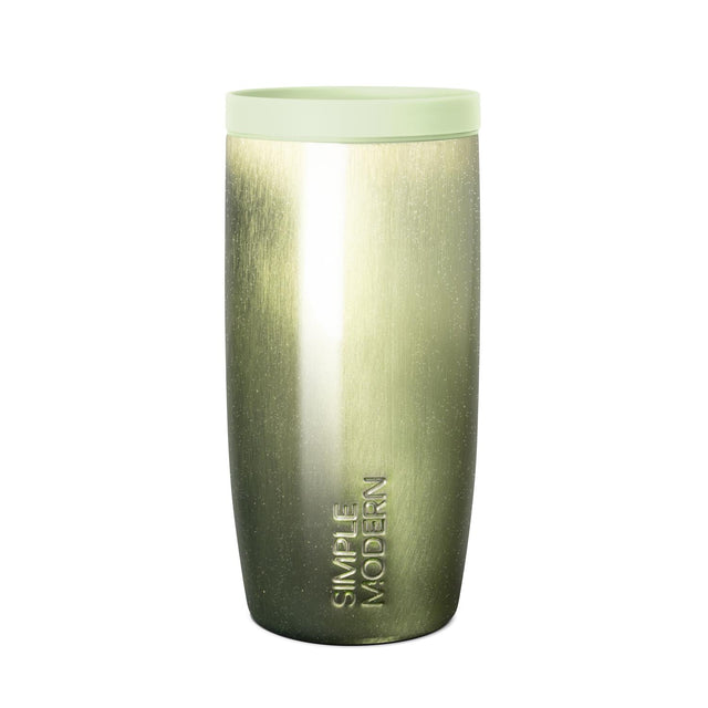 Sage to charcoal ombre insulated tumbler with white vertical stripe and sparkle finish, Simple Modern branding on lower left, against white background.