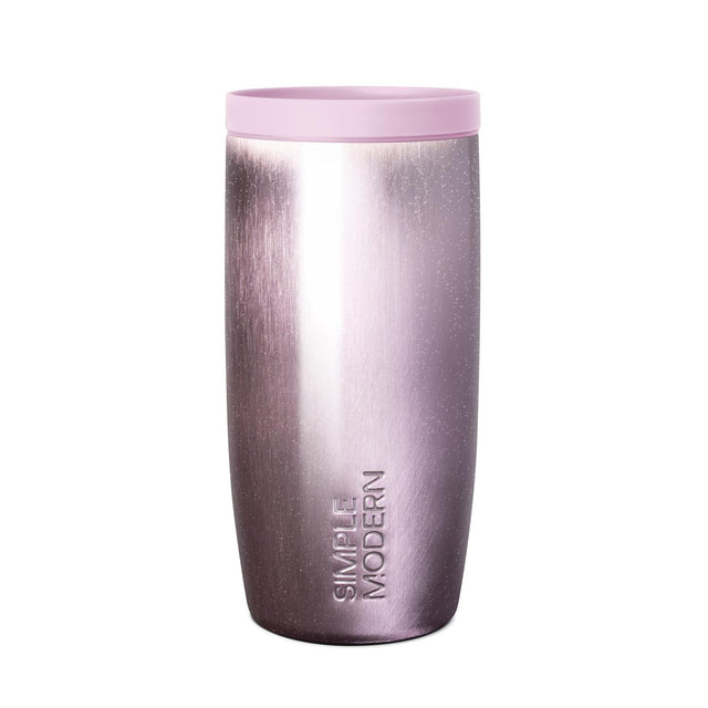 Insulated tumbler with pink lid and ombre gradient from soft pink to deep purple, featuring brushed metallic finish and 