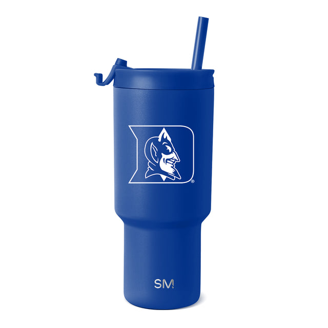Royal blue tumbler with white Duke University logo and text accents