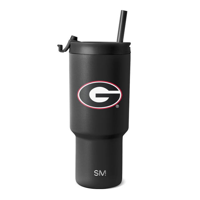 Matte charcoal tumbler with black lid and straw, white interior logo design elements