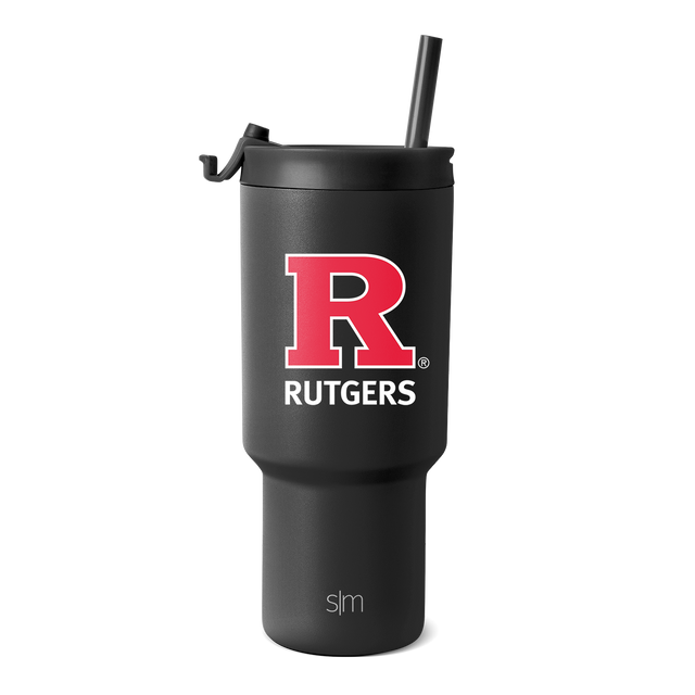 Matte black tumbler with vibrant red and white university logo design