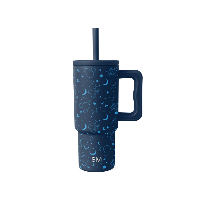 Navy blue tumbler with cyan and light blue accents on white background